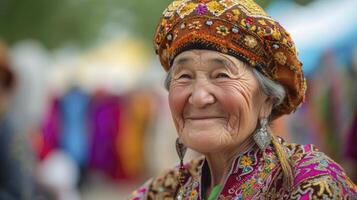 AI generated An elderly woman from Central Asia, with a content expression and a traditional dress, is dancing at a festival in Bishkek, Kyrgyzstan photo