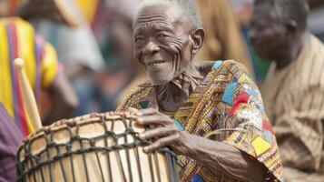 ai generado un mayor hombre desde África, con un alegre expresión y un tambor, es jugando música a un festival en accra, Ghana foto