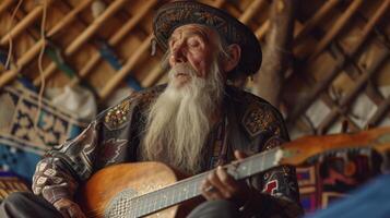 ai generado un mayor hombre desde central Asia, con un tradicional sombrero y un largo barba, es jugando un dombra en un yurta en Kazajstán foto