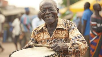 ai generado un mayor hombre desde África, con un alegre expresión y un tambor, es jugando música a un festival en accra, Ghana foto