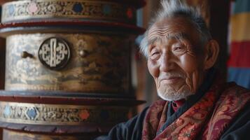 ai generado un mayor hombre desde central Asia, con un sereno expresión y un oración rueda, es meditando en un monasterio en Bután foto