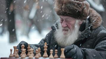 ai generado un mayor hombre desde oriental Europa, con un grueso barba y un piel sombrero, es jugando un juego de ajedrez en un parque en Moscú foto