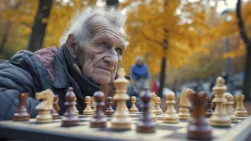 ai generado un mayor hombre desde oriental Europa, con un pensativo expresión y un tablero de ajedrez, es profundamente absorto en un juego de ajedrez en un parque en praga, checo república foto