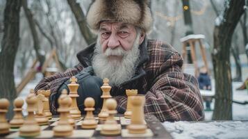 ai generado un mayor hombre desde oriental Europa, con un grueso barba y un piel sombrero, es jugando un juego de ajedrez en un parque en Moscú foto