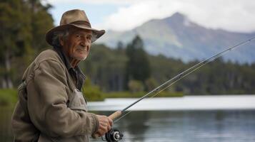 ai generado un mayor hombre desde Oceanía, con un sereno expresión y un pescar vara, es pescar en un tranquilo lago en nuevo Zelanda foto