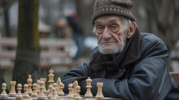 ai generado un mayor hombre desde oriental Europa, con un pensativo expresión y un tablero de ajedrez, es profundamente absorto en un juego de ajedrez en un parque en praga, checo república foto