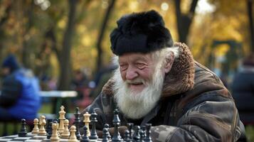 ai generado un mayor hombre desde oriental Europa, con un grueso barba y un piel sombrero, es jugando un juego de ajedrez en un parque en Moscú foto