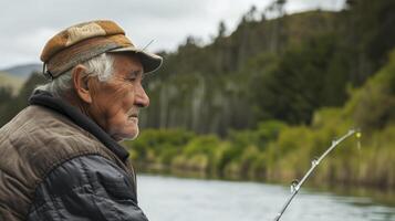 ai generado un mayor hombre desde Oceanía, con un sereno expresión y un pescar vara, es pescar en un tranquilo lago en nuevo Zelanda foto