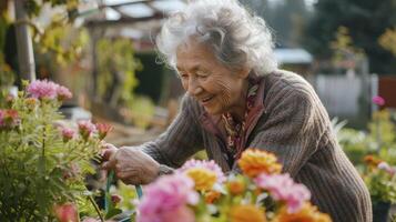 AI generated An elderly woman from North America, with a joyful expression and a garden, is tending to her flowers in her backyard in Vancouver, Canada photo