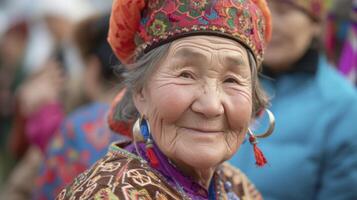 ai generado un mayor mujer desde central Asia, con un contenido expresión y un tradicional vestido, es bailando a un festival en biskek, Kirguistán foto