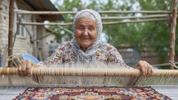 ai generado un mayor mujer desde central Asia, con un contenido expresión y un telar, es Costura un tradicional alfombra en un pueblo en Uzbekistán foto