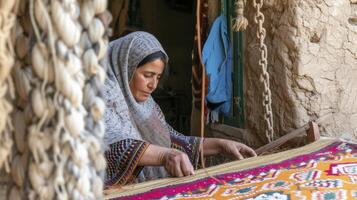 AI generated A North African woman is weaving a traditional rug in a small village in Morocco photo