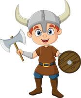 Cartoon boy wearing viking costume vector