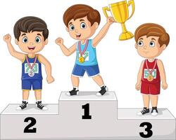 niños con medallas de pie en el podio y sosteniendo un trofeo vector