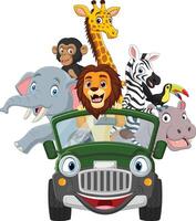 Cartoon wild animals riding a green car vector