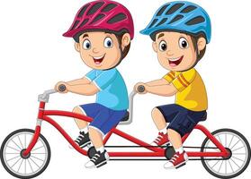 Happy little children riding tandem bicycle vector