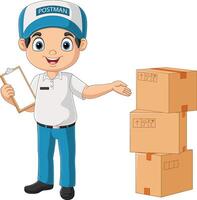 Cartoon postman with cardboard boxes and clipboard vector