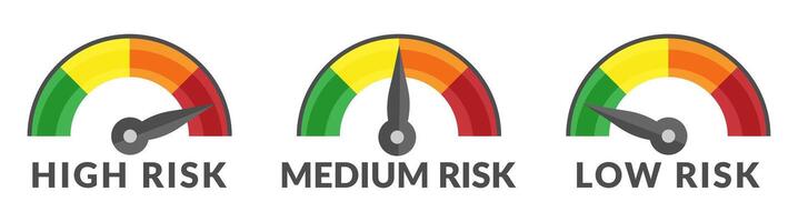 Risk Gauge Scale Measure High, Medium and Low Risk Speedometer Icon from Green to Red Isolated vector