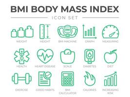 BMI Body Mass Index Outline Icon Set. Weight, Height, BMI Machine, Graph, Measuring, Health, Heart Disease, Scale, Diabetes, Diet, Exercise, Habits, BMI Calculator, Calories, Risk Icons. vector