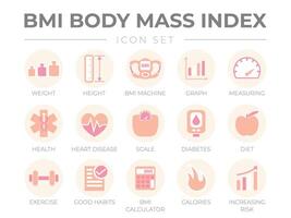 BMI Body Mass Index Round Outline Icon Set of Weight, Height, BMI Machine, Graph, Measuring, Health, Heart Disease, Scale, Diabetes, Diet, Exercise, Habits, BMI Calculator, Calories, Risk Icons vector