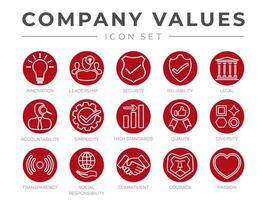 Business Company Core Values Outline Icon Set. Innovation, Stability, Security, Reliability, Legal and Sensitivity, Trust, High Standard, Quality, Diversity, Transparency, Social Responsibility Icons. vector