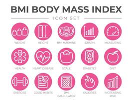 BMI Body Mass Index Round Outline Icon Set of Weight, Height, BMI Machine, Graph, Measuring, Health, Heart Disease, Scale, Diabetes, Diet, Exercise, Habits, BMI Calculator, Calories and Risk Icons. vector