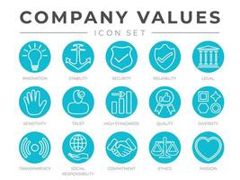 Company Core Values Round Outline Icon Set. Innovation, Stability, Security, Reliability, High Standard, Quality, Diversity, Transparency, Social Responsibility, Commitment, Ethics, Passion Icons. vector