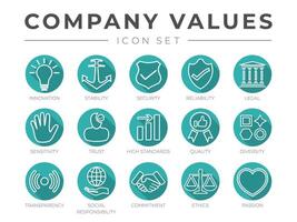 Flat Outline Company Core Values Icon Set Isolated. Innovation, Stability, Security, Reliability, Legal, Sensitivity, Trust, High Standard, Social Responsibility, Commitment, Ethics, Passion Icons. vector