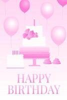 Pink Happy Birthday Congratulation Card ot Postcard Illustration With Cake and Balloons vector