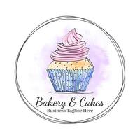 Nice Round Cupcake Logo with in Hand Drawn Doodle Watercolor Style vector