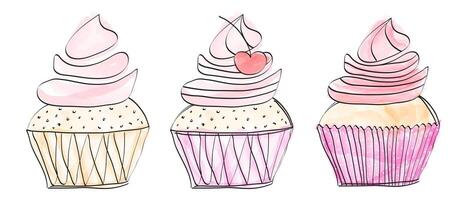 Beautiful Cupcakes Set or Muffin Collection in Hand Drawn Doodle Style on White Background vector