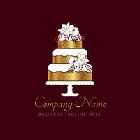 Chocolate Cake Bakery Logo in Elegant Style and Gold Flowers vector