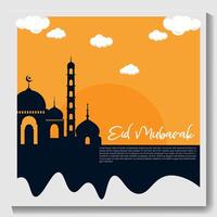 Eid mubarak poster with a crescent moon and a mosque Eid poster. vector