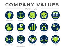 Round Core Values Business Company Icon Set. Innovation, Stability, Security, Reliability, Legal, Sensitivity, Trust, High Standard, Quality, Diversity, Transparency, Ethics, Passion Color Icons. vector