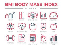 bmi cuerpo masa índice contorno icono colocar. peso, altura, bmi máquina, grafico, medición, salud, corazón enfermedad, escala, diabetes, dieta, ejercicio, hábitos, bmi calculadora, calorías, riesgo iconos vector