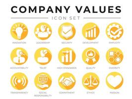 Flat Company Core Values icon Set. Stability, Reliability, Legal, Sensitivity, Trust, High Standard, Quality, Diversity, Transparency, Social Responsibility, Commitment, Ethics, Passion Icons. vector