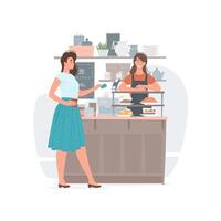 mujer pago para bebida en café tienda vector