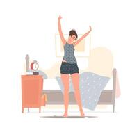 Happy young woman waking up in morning vector