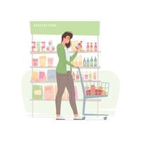 Young woman buying healthy food in supermarket vector