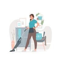 Young housewife cleaning floor in modern apartment vector