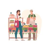 mujer comprando comestibles desde hombre en mercado ilustración. vector