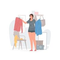 Young woman choosing clothes in morning at home vector