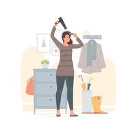 Woman drying hair in corridor at home vector