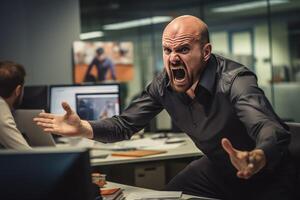 ai generado enojado gerente confrontando un empleado en un corporativo oficina ajuste a noche foto