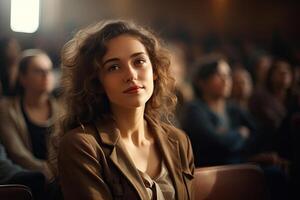 AI generated Happy young woman at cinema watching film photo