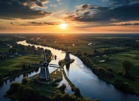 ai generado aéreo ver de río y molinos de viento a puesta de sol foto