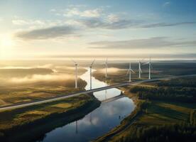 AI generated Serene Dusk Over Wind Turbine Array Along a Tranquil River Landscape photo