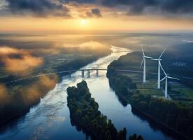 AI generated Serene Dusk Over Wind Turbine Array Along a Tranquil River Landscape photo