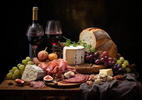 AI generated Gourmet Cheese and Charcuterie Board with Wine photo