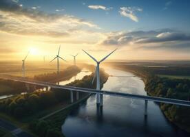 AI generated Serene Dusk Over Wind Turbine Array Along a Tranquil River Landscape photo